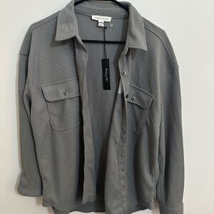 Waffle-Knit Button-Front Shirt Jacket — Grey